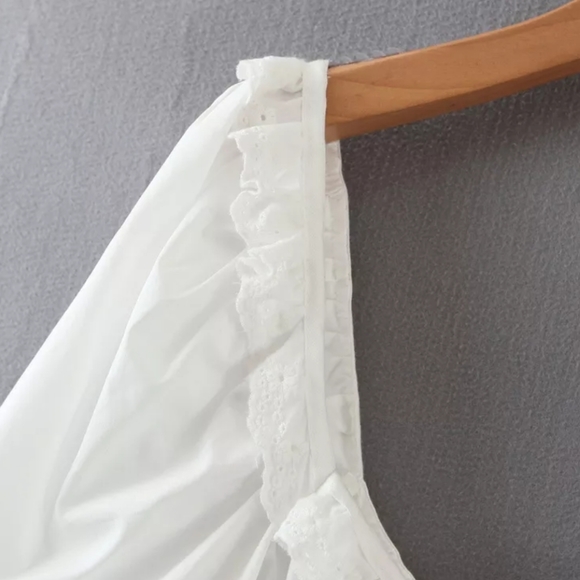 White Puff Sleeve Square Neck Dress with Lace and Ruffle Detail - Picture 10 of 16